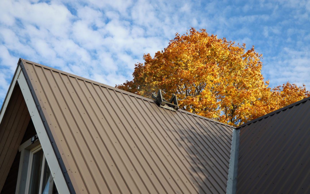 View of home's metal roof in autumn